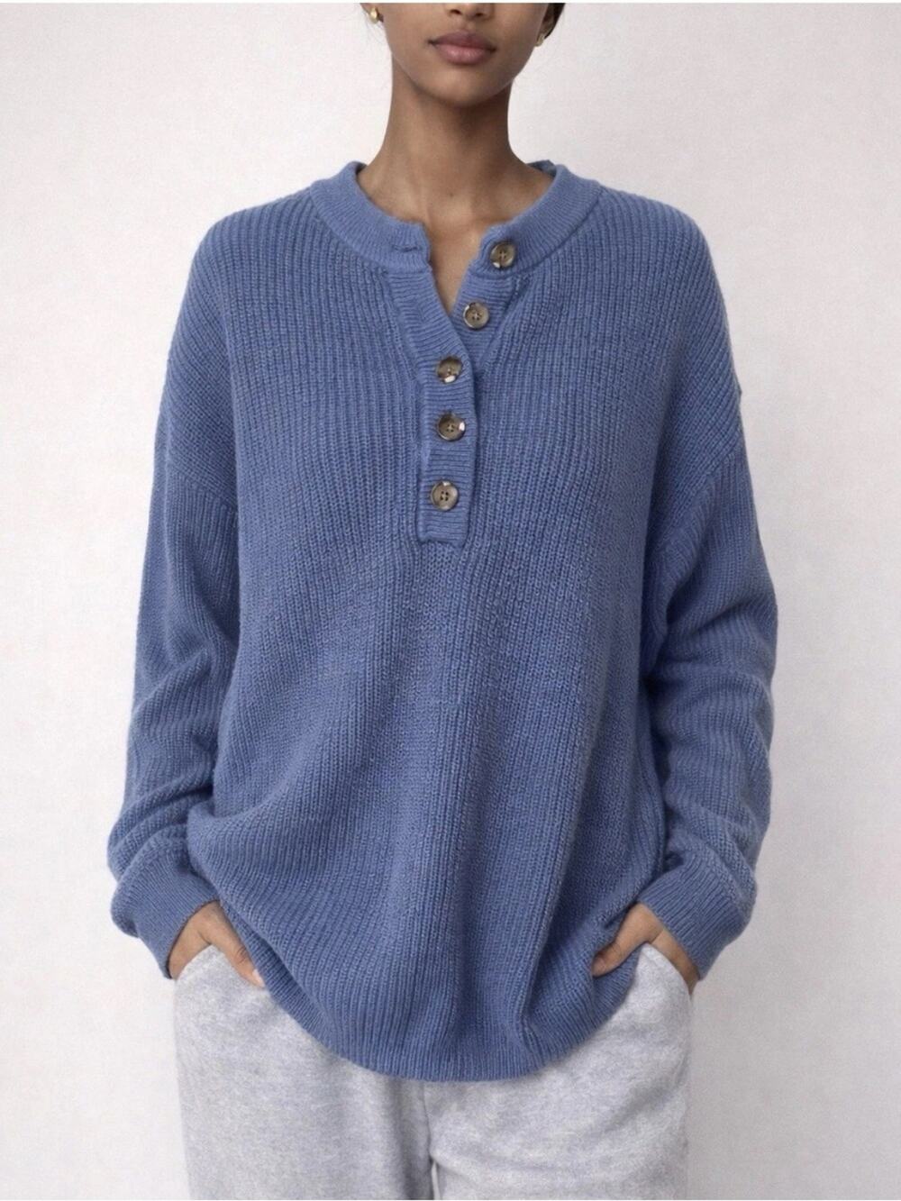 Aerie Blue Knit Henley Cozy Oversized Cabincore Sweater M
